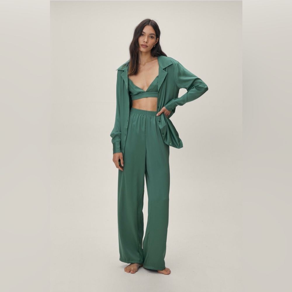 Nasty Gal Womens Recycled Satin 3 Pc Pajama Pants Set
